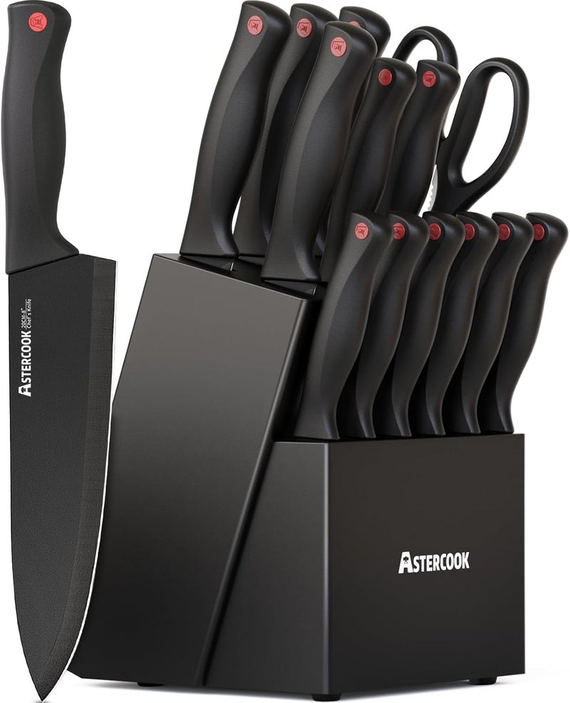 Astercook 15 Piece Knife Set with Sharpener Block - German Stainless Steel, Dishwasher Safe Kitchen Knives with Built-In Sharpener, Black - Image 1