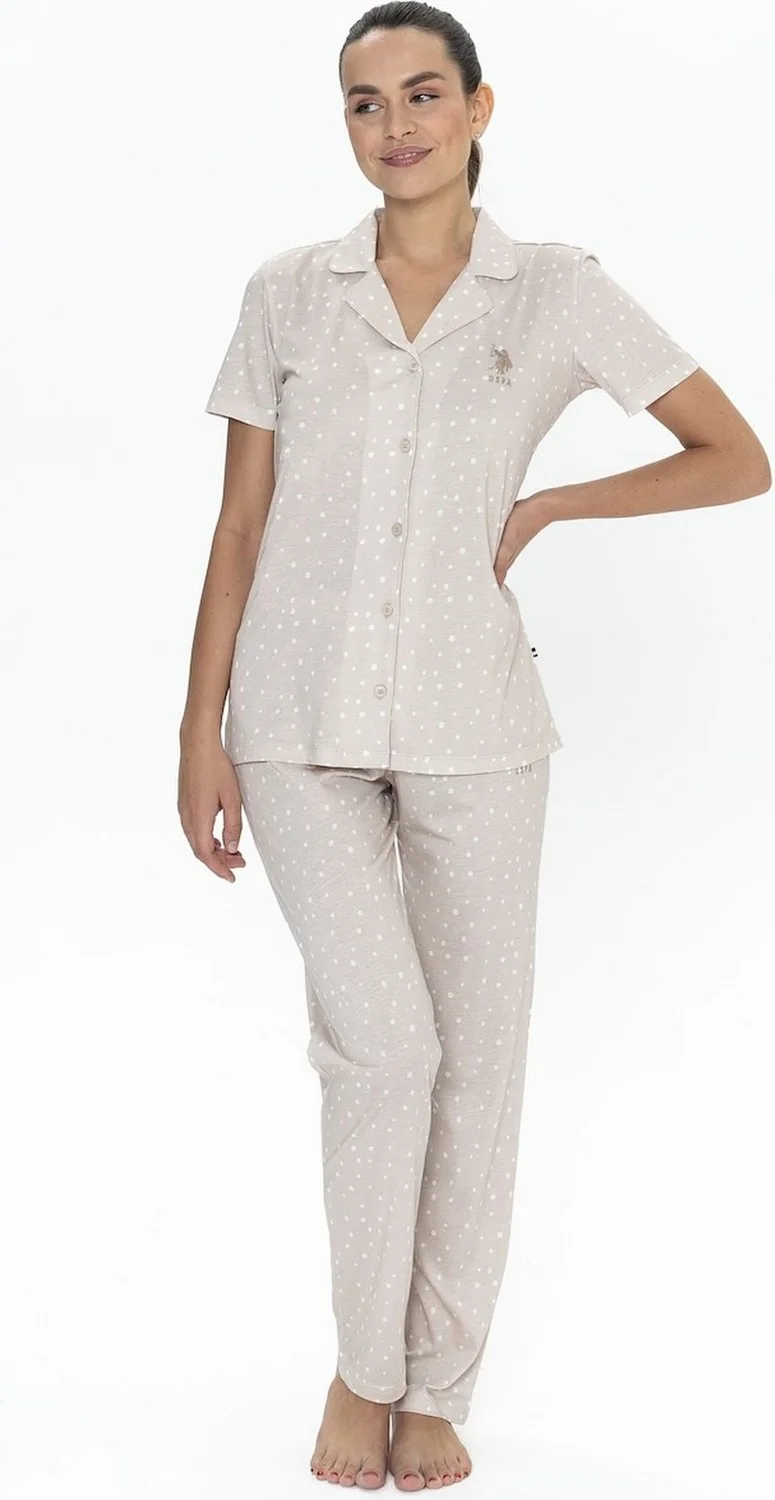 U.S. Polo Assn. 20051 Women's Short Sleeve Shirt Pajama Set-Beige