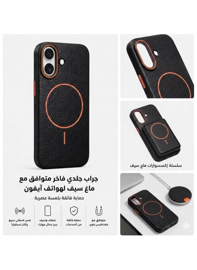 Premium magnetic protective case for iPhone 16 , MagSafe compatible, made of high-quality synthetic leather with a litchi texture and microfiber lining to protect the camera and corners. - Image 2