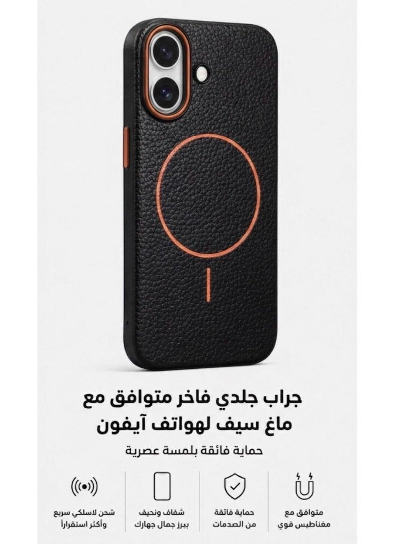 Premium magnetic protective case for iPhone 16 , MagSafe compatible, made of high-quality synthetic leather with a litchi texture and microfiber lining to protect the camera and corners. - Image 3