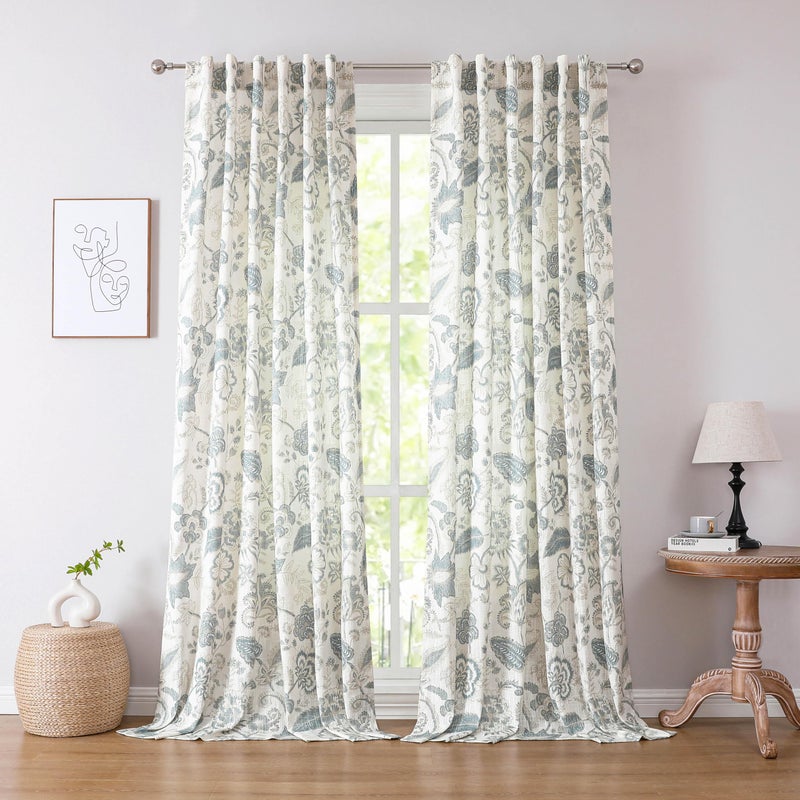 Kayne Studio Linen Textured Botanical Semi Sheer Curtains Blue Grey Floral Farmhouse Curtains for Living Room Bedroom Light Filtering Jacobean Curtain Panels Rod Pocket Back Tab52x952 Panels