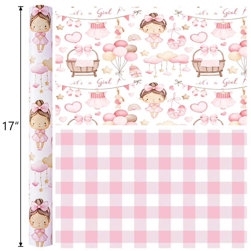 Yarcony Baby Girl Wrapping Paper, Pink Wrapping Paper for Baby Shower, Cute Plaid & It's a Girl Gift Wrap for 1st Birthday, Princess Party Celebrations, Kids Holiday (Mini Roll, 17 In X 33 Ft) - Image 3