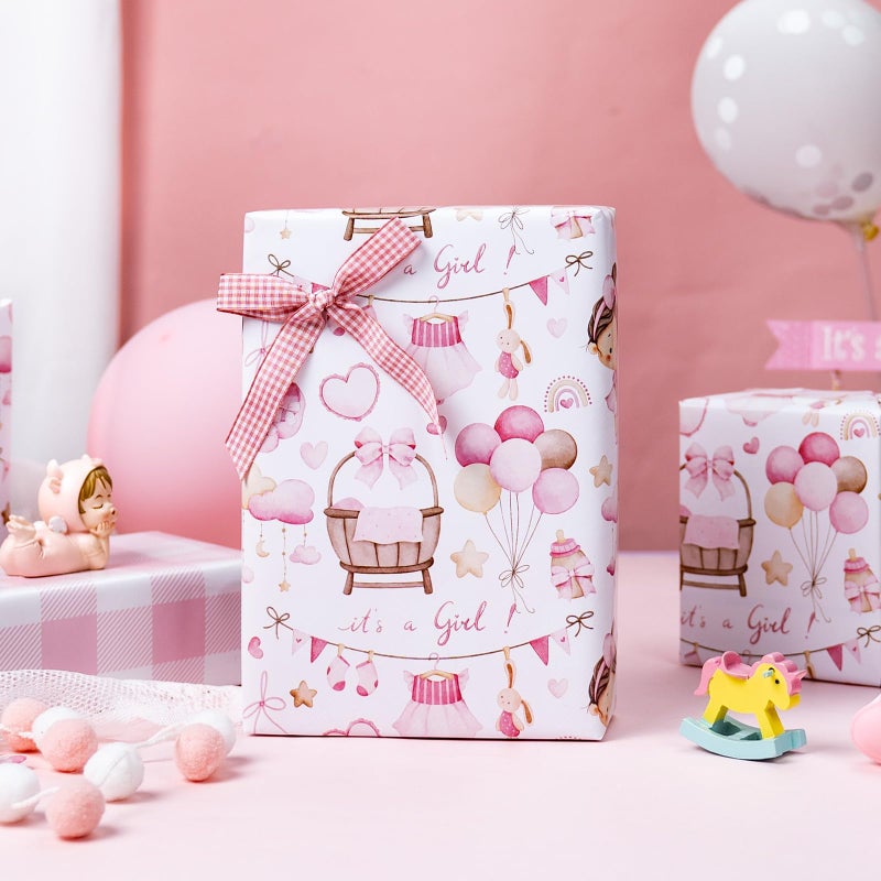 Yarcony Baby Girl Wrapping Paper, Pink Wrapping Paper for Baby Shower, Cute Plaid & It's a Girl Gift Wrap for 1st Birthday, Princess Party Celebrations, Kids Holiday (Mini Roll, 17 In X 33 Ft) - Image 5