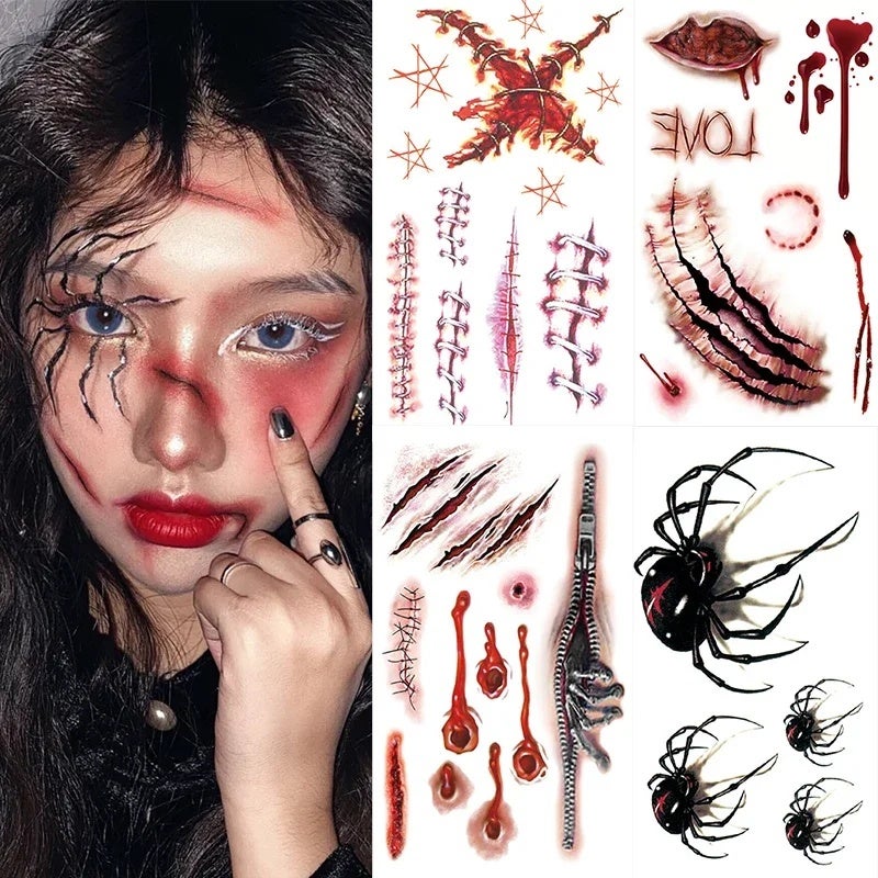 Halloween Tattoo Stickers Spider Scar Wound Lip Scratched Terror Realistic Temporary Tattoo Stickers DIY Party Body Art Makeup - Image 2