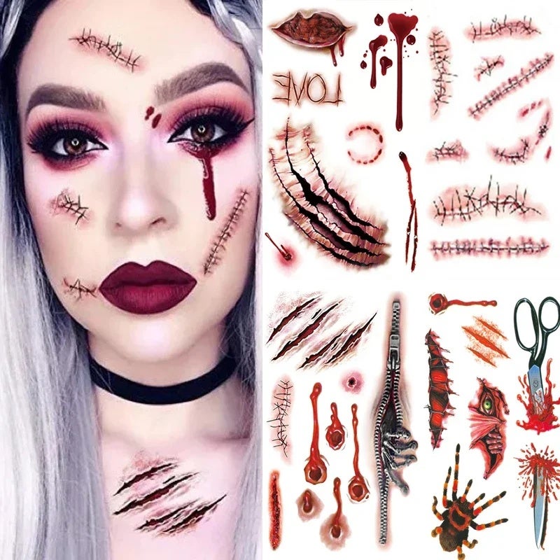 Halloween Tattoo Stickers Spider Scar Wound Lip Scratched Terror Realistic Temporary Tattoo Stickers DIY Party Body Art Makeup - Image 3