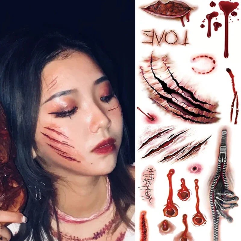 Halloween Tattoo Stickers Spider Scar Wound Lip Scratched Terror Realistic Temporary Tattoo Stickers DIY Party Body Art Makeup - Image 4