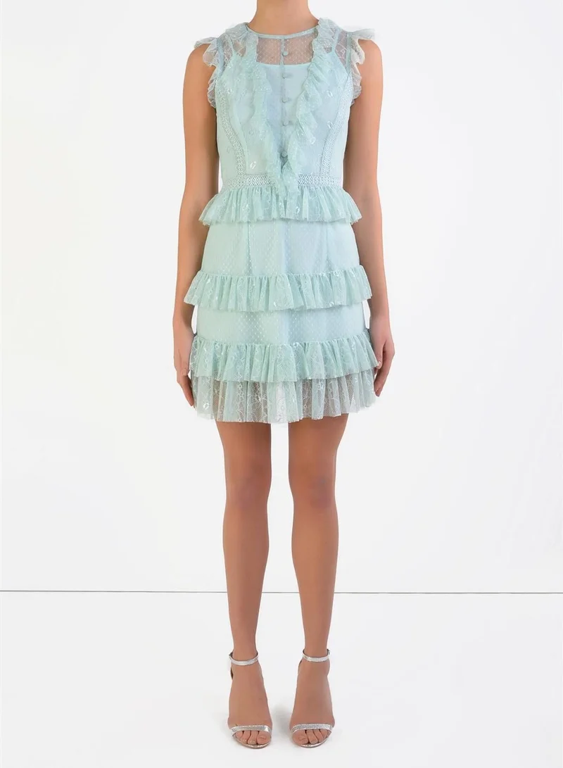 True Decadence Erin Icy Mint Lace Ruffle Button Mini Dress