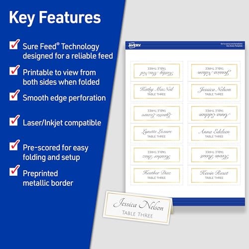 Avery Printable Place Cards with Sure Feed Technology, 1-7/16" x 3-3/4", White with Gold Border, 150 Blank Tent Cards for Laser or Inkjet Printers (35701) - Image 2