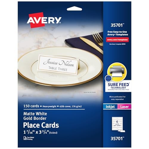 Avery Printable Place Cards with Sure Feed Technology, 1-7/16" x 3-3/4", White with Gold Border, 150 Blank Tent Cards for Laser or Inkjet Printers (35701) - Image 1