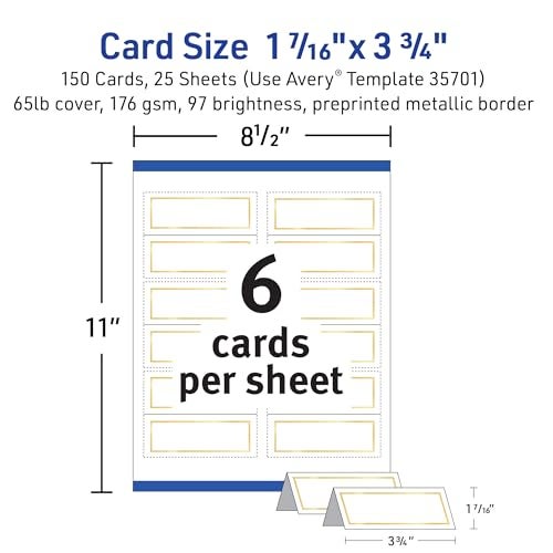 Avery Printable Place Cards with Sure Feed Technology, 1-7/16" x 3-3/4", White with Gold Border, 150 Blank Tent Cards for Laser or Inkjet Printers (35701) - Image 5