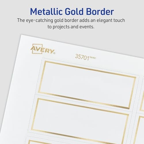Avery Printable Place Cards with Sure Feed Technology, 1-7/16" x 3-3/4", White with Gold Border, 150 Blank Tent Cards for Laser or Inkjet Printers (35701) - Image 4