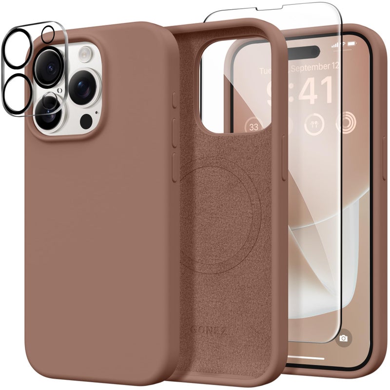 GONEZ for iPhone 15 Pro Max Case Silicone, Compatible with Magsafe, Camera Protector + Screen Protector, Soft Anti-Scratch Microfiber Lining, Liquid Silicone Shockproof Phone Cover, Brown - Image 1