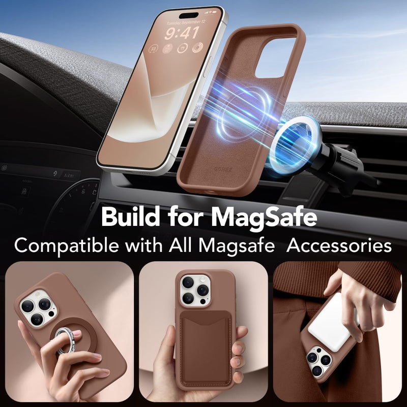 GONEZ for iPhone 15 Pro Max Case Silicone, Compatible with Magsafe, Camera Protector + Screen Protector, Soft Anti-Scratch Microfiber Lining, Liquid Silicone Shockproof Phone Cover, Brown - Image 4