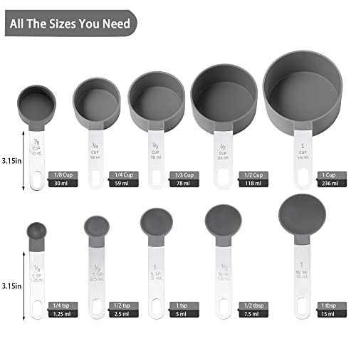 Huygens Measuring Cups and Spoons Set of Huygens Kitchen Gadgets 10 Pieces, Stackable Stainless Steel Handle Measuring Cups for Measuring Dry and Liquid Ingredient (Gray) - Image 2