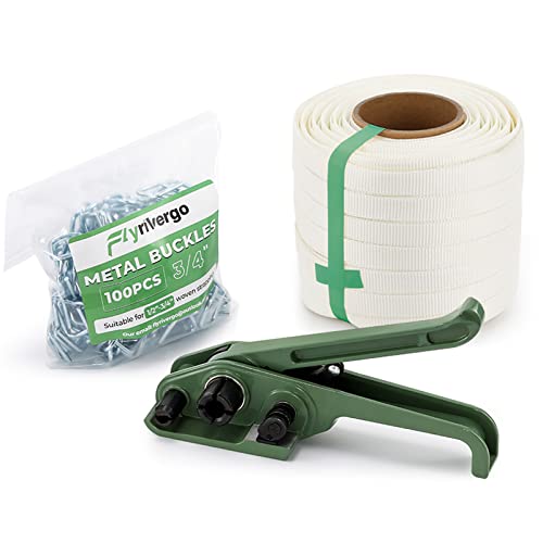Flyrivergo Banding Strapping Kit 3/4" x 330' Woven Cord Pallet Strapping Tool 2500lbs Tensile Strength Packaging Strapping Kit with 100pcs Metal Buckles, Upgraded Tensioner - Image 1