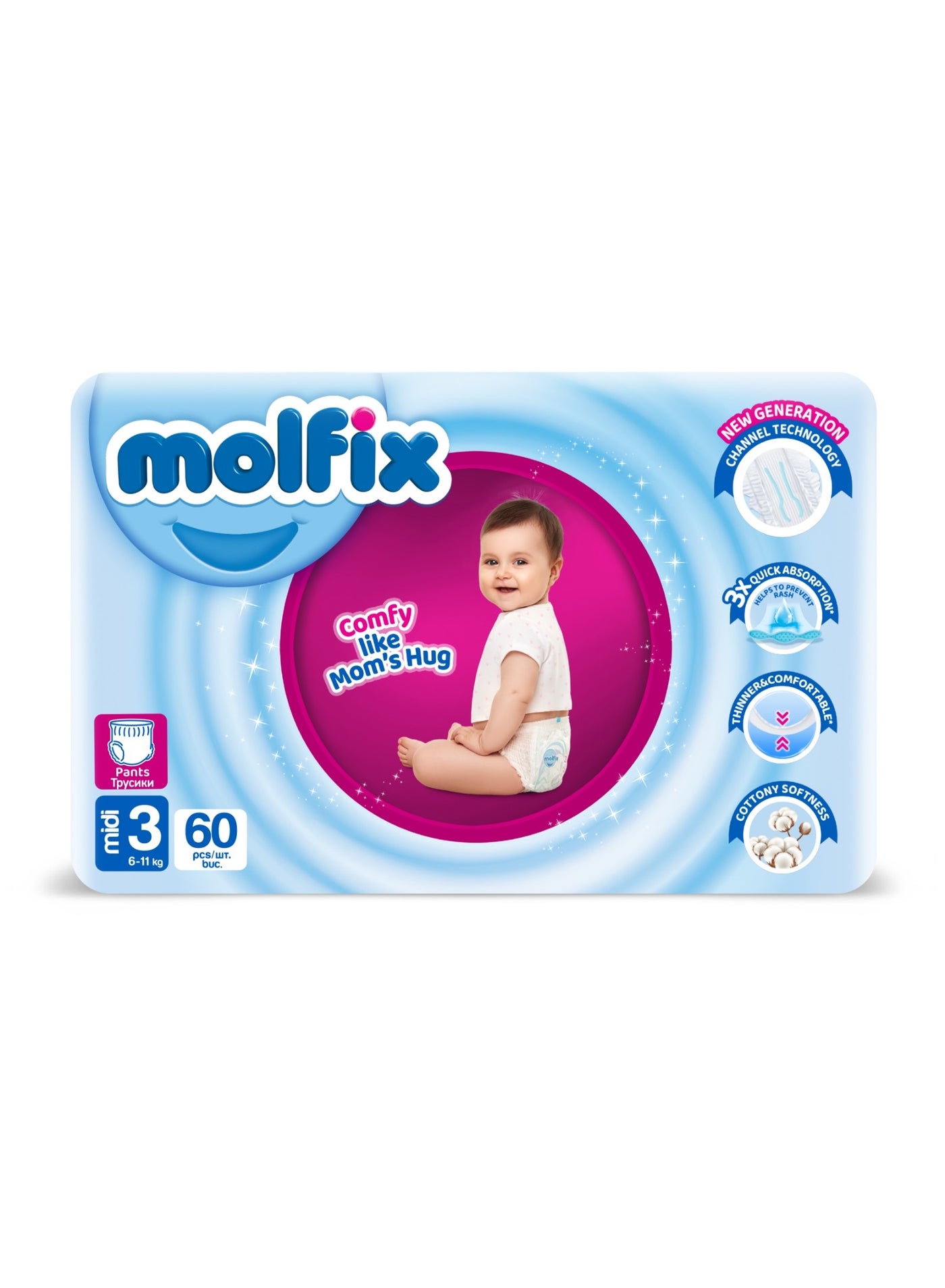 Molfix Baby Pants Midi Size 3 Jumbo Pack – 60 Pants | Easy Pull-Up, Extra Absorbent