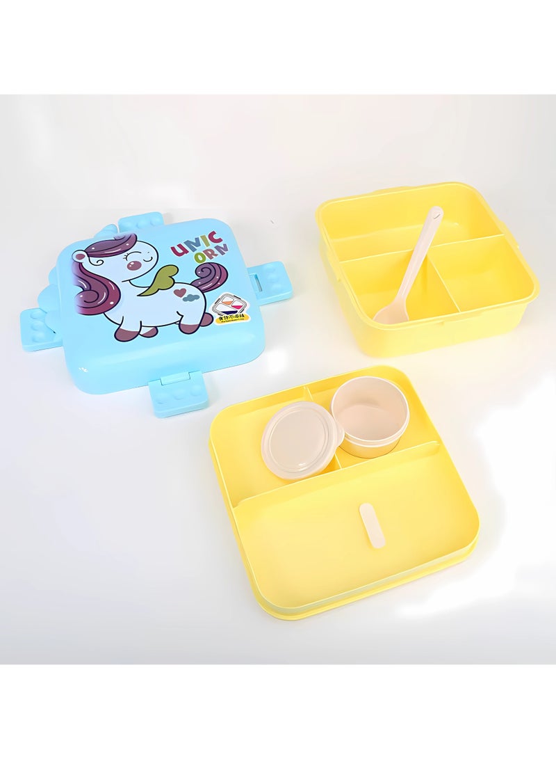 تويسو صندوق غداء للأطفال من Twisoo مع ملعقة - صندوق بينتو مزدوج مقاوم للتسرب، بلاستيك متين، محكم الغلق للحفاظ على الطعام طازجًا، مع كوب صلصة متضمن، مثالي للمدرسة والسفر، 1120 مل (يونيكورن الأزرق) - Image 2