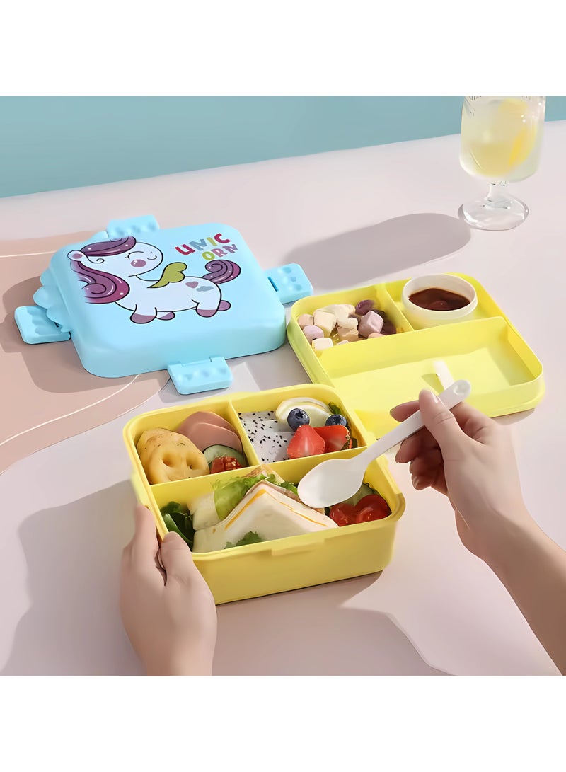 تويسو صندوق غداء للأطفال من Twisoo مع ملعقة - صندوق بينتو مزدوج مقاوم للتسرب، بلاستيك متين، محكم الغلق للحفاظ على الطعام طازجًا، مع كوب صلصة متضمن، مثالي للمدرسة والسفر، 1120 مل (يونيكورن الأزرق) - Image 4