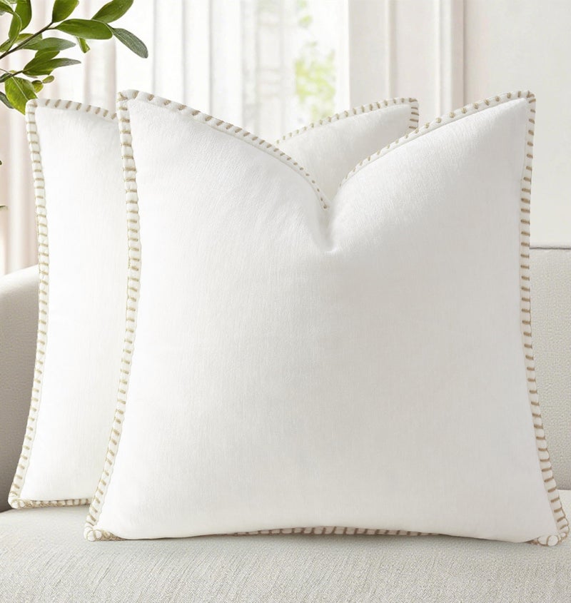 decorUhome Summer Chenille Soft Cozy Throw Pillow Covers 18x18 Set of 2, Modern Farmhouse Boho Velvet Decorative Pillow Cases with Stitched Edge for Couch Sofa Bed Home Decor, Cream White - Image 1