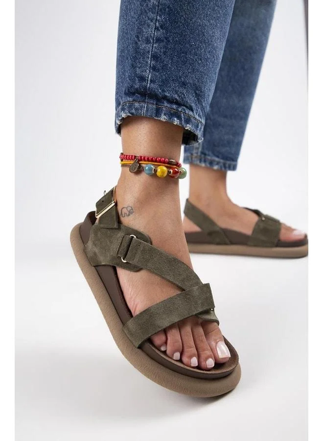 Azelya Women's Genuine Leather Buckle Strap Khaki Sandal.