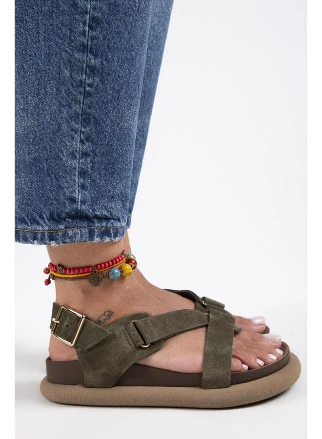 Manijero  Azelya Women's Genuine Leather Buckle Strap Khaki Sandal. for Women | Best Price UAE