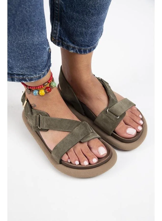 Manijero  Azelya Women's Genuine Leather Buckle Strap Khaki Sandal. for Women | Best Price UAE