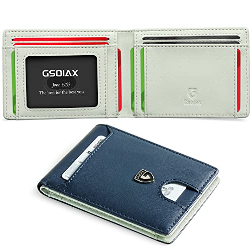GSOIAX Slim Wallet for Men RFID Blocking Bifold Wallet Carbon Fiber Front Pocket Wallet with 11 Card Holder Minimalist Mens Wallet with Gift Box(Dark Blue and Beige) - Image 1