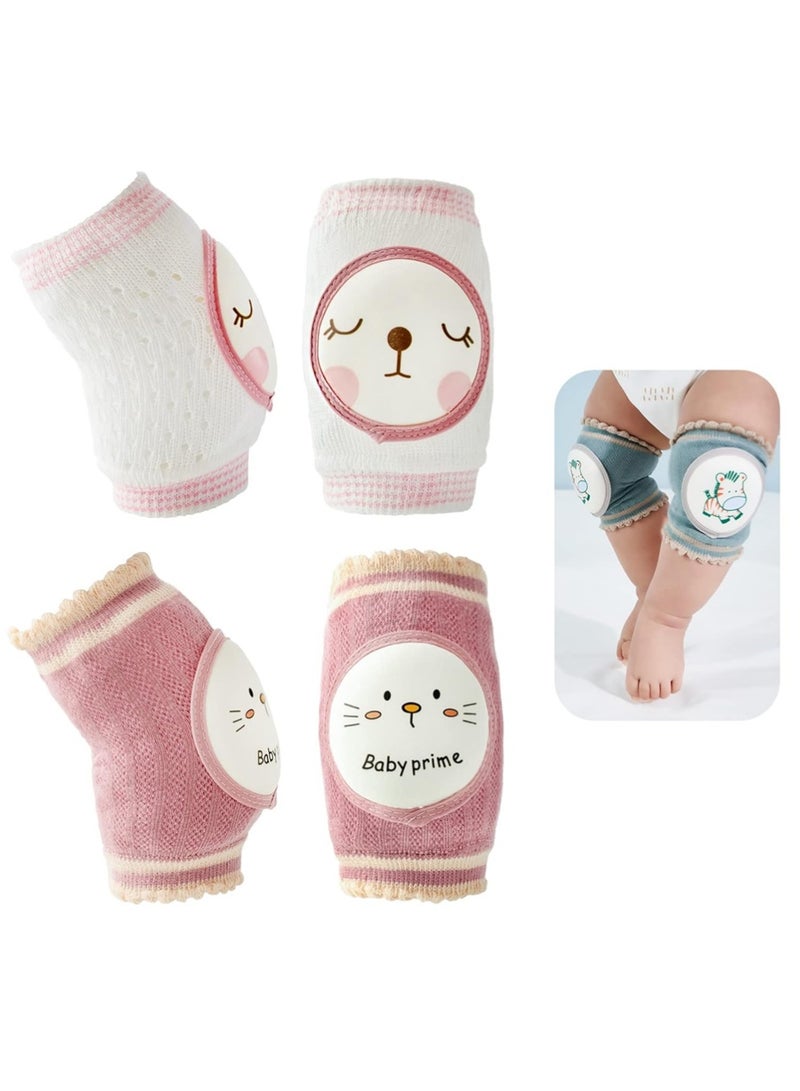 YOUGE 2 Pairs Baby Knee Pads for Crawling Breathable Elastic Cotton Crawling Knee Pads Cute Unisex Baby Knee Protector with Sponge Pad for Baby Toddler (Rabbit & Cat) - Image 1
