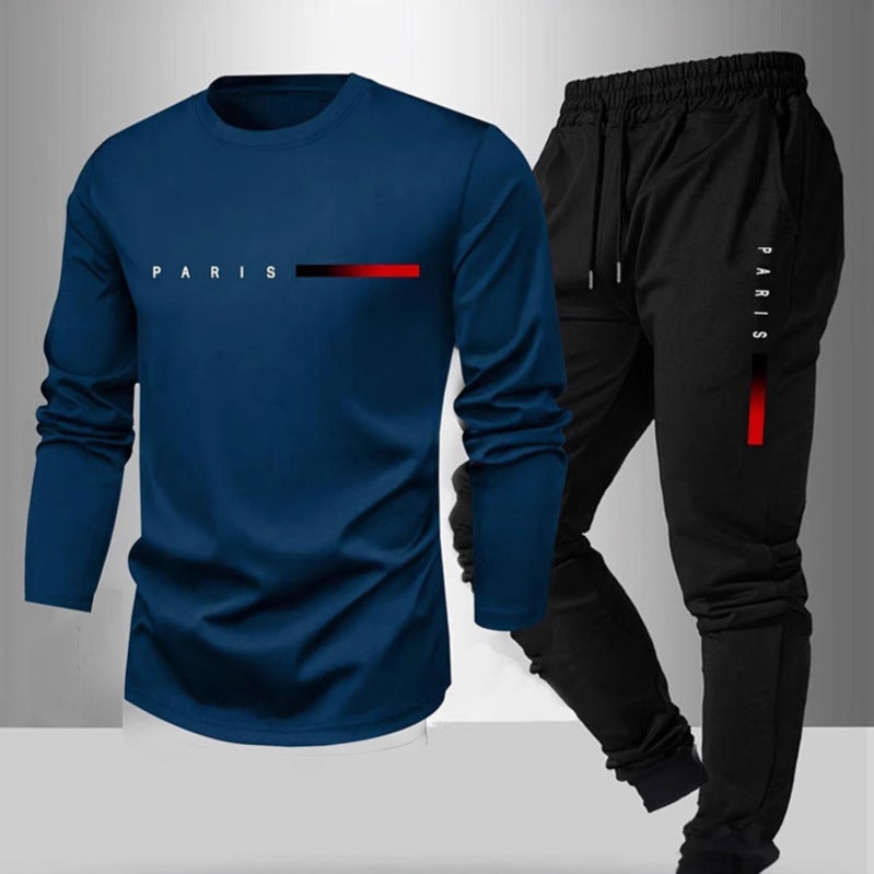 New Fleece Fashion Trend Long-Sleeve Long Pants T-Shirt Set Full Print - Image 2