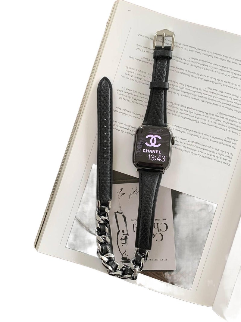 سوار ساعة ذكية سوار جلدي كلاسيكي متوافق باللون أسود قابل للتعديل مع Apple Watch 38/40/41/42/44/45/49mm بملاءمة قابلة للتعديل وحزام بديل - Image 1