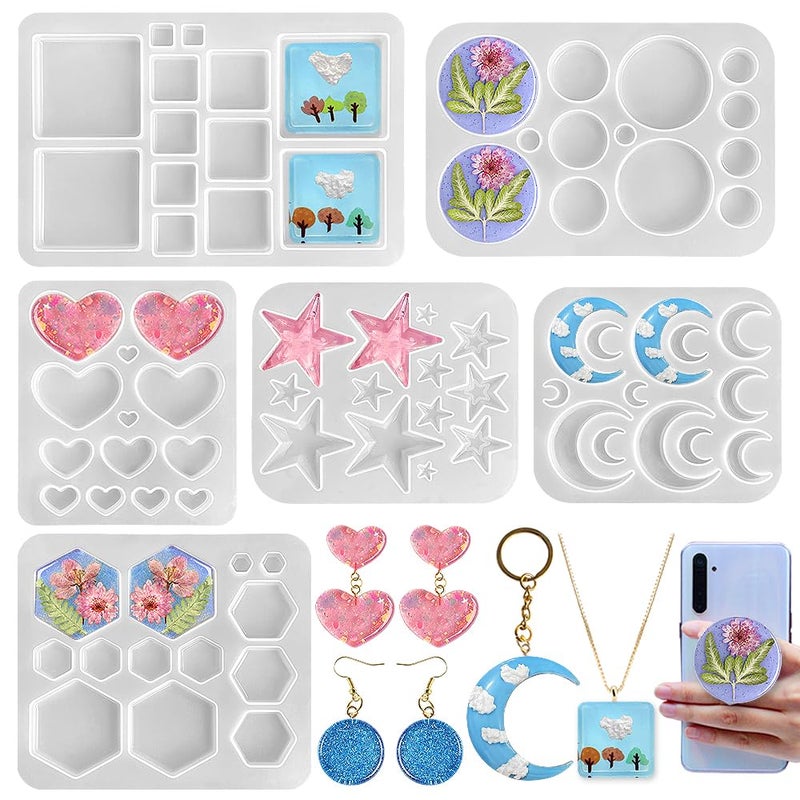 RESINWORLD Multi-Functional Small Silicone Molds Set for Resin, Earrings Resin Molds, Hexagon Round Crescent Moon Pentagram Heart Molds for Keychain Badge Reel Pendant Charm Earrings Jewelry Making - Image 1