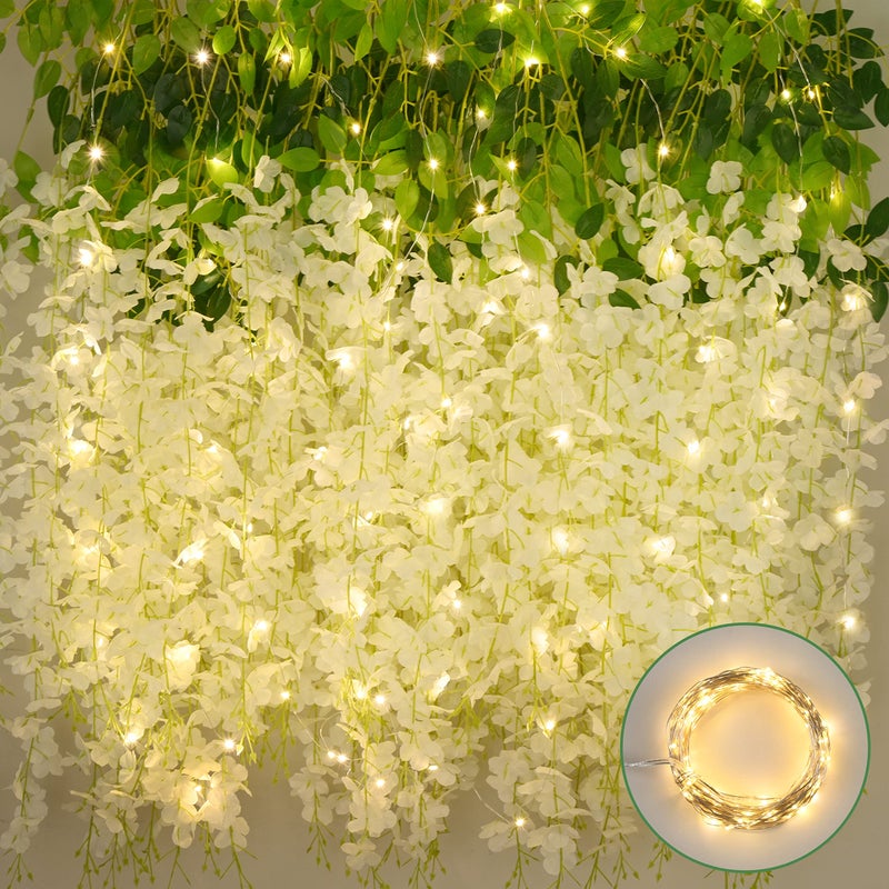 BLEUM CADE 10Pcs White Fake Wisteria Hanging Flowers with Lights, 3.6Ft/Pcs Artificial Wisteria Garland, Hanging Flowers for Wedding Party Home Backdrop Wall Decoration - Image 1