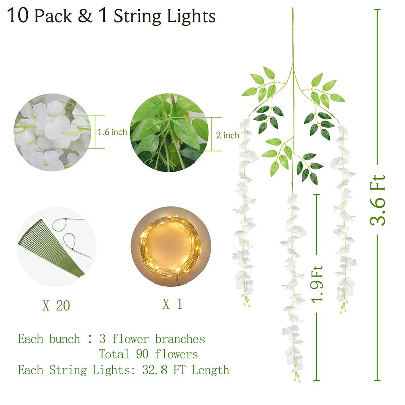 BLEUM CADE 10Pcs White Fake Wisteria Hanging Flowers with Lights, 3.6Ft/Pcs Artificial Wisteria Garland, Hanging Flowers for Wedding Party Home Backdrop Wall Decoration - Image 2