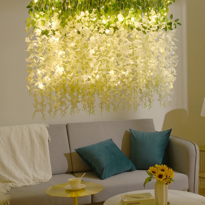 BLEUM CADE 10Pcs White Fake Wisteria Hanging Flowers with Lights, 3.6Ft/Pcs Artificial Wisteria Garland, Hanging Flowers for Wedding Party Home Backdrop Wall Decoration - Image 5