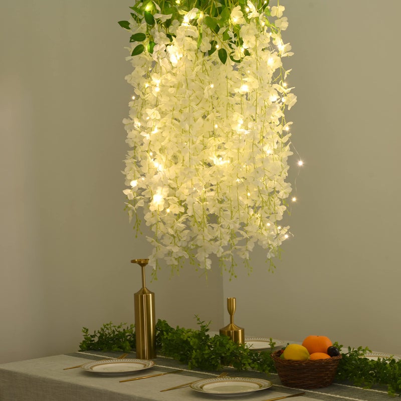 BLEUM CADE 10Pcs White Fake Wisteria Hanging Flowers with Lights, 3.6Ft/Pcs Artificial Wisteria Garland, Hanging Flowers for Wedding Party Home Backdrop Wall Decoration - Image 4