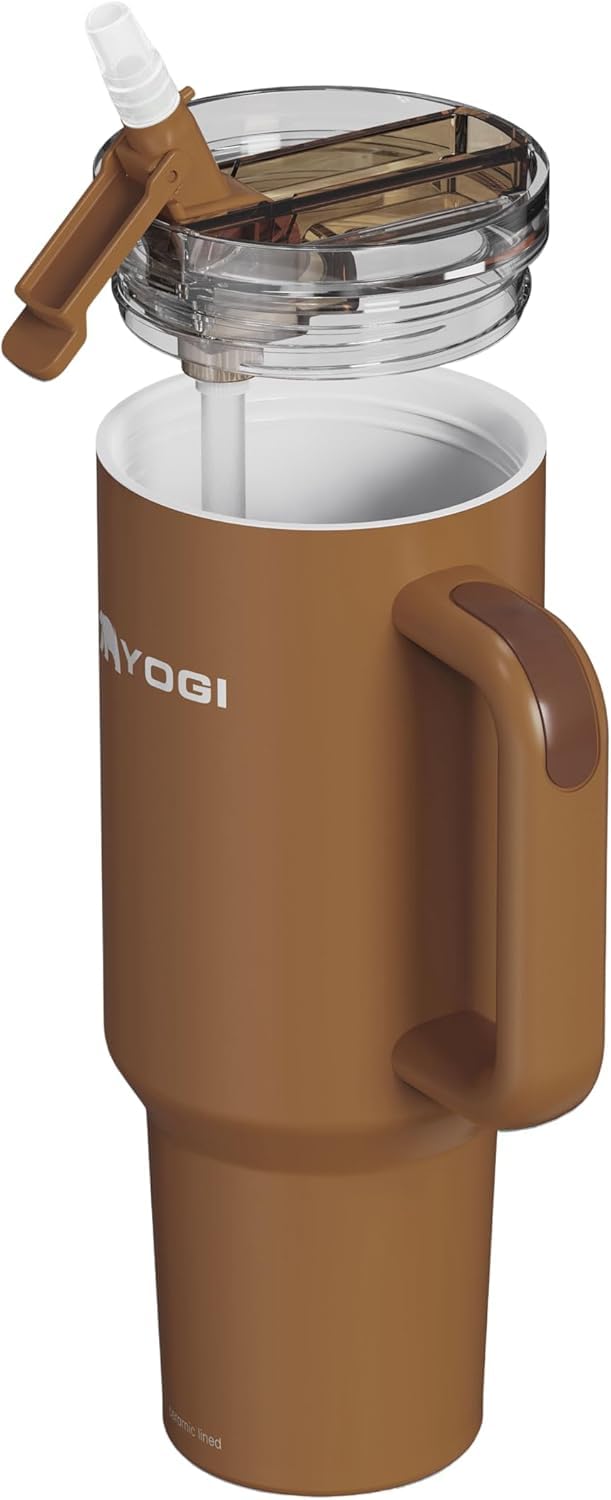 YOGI Ceramic Lined Metal Allergy Safe 40oz Tumbler with Handle and Straw Leakproof Flip Sip Lid Vacuum Insulated Stainless Steel Travel Cup for Iced Coffee Water and AllDay Hydration 40oz Amber - Image 2