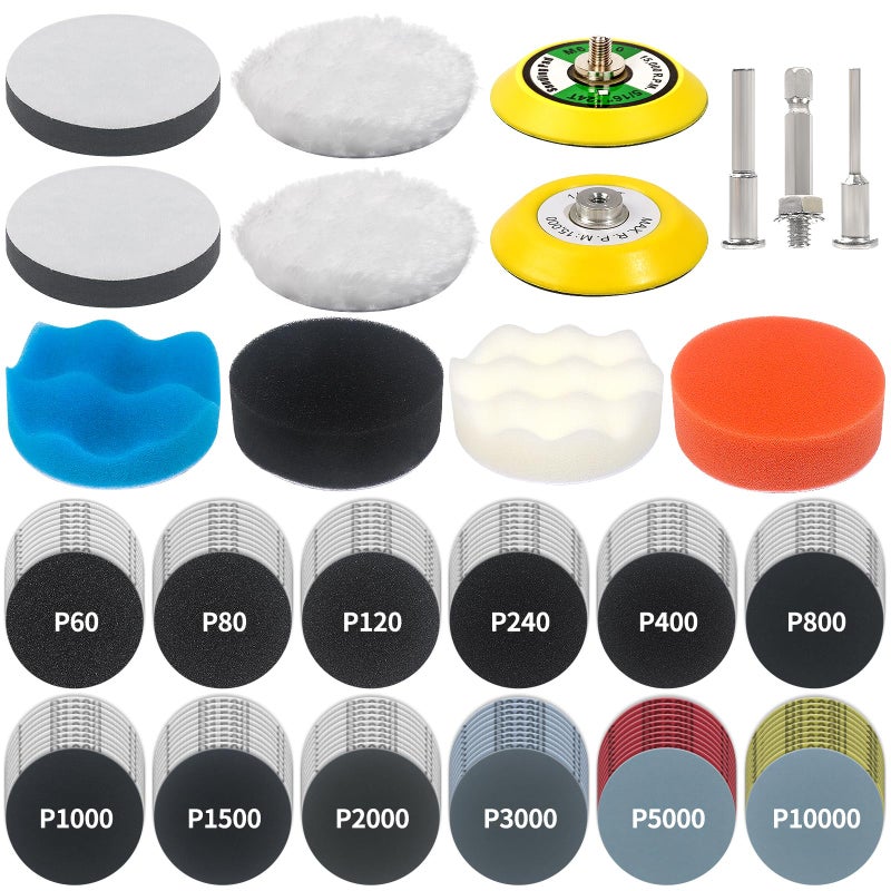 Pomsare 133 PCS Sanding Disc Drill Polishing Kit Sanding Attachment, 3 Inch Wet Dry Headlight Restoration Kit, Hook and Loop Sandpaper Buffing Pads with Rotary Tools for Car Wood Metal Glass Resin Expoxy - Image 1