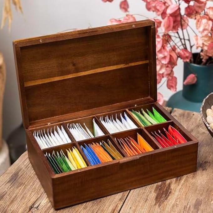 FLYIEE Acacia Wooden Tea Bag Organizers Tea Packet Storage Boxes Tea Caddy For Tea Bags Chest Teabag Holder Containers Teabox Station Display Organizador De Tes Caja Para Te 8 Compartments - Image 4
