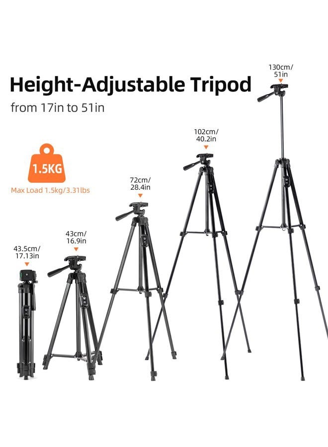 Fotopro Camera Tripod, 48" Phone Tripod with 3-Way Head, Smartphone Tripod for iPhone X, Samsung, 1/4'' Screw Travel Tripod with Bluetooth Remote for DSLR Camera, Canon, Sony, Nikon - Image 2