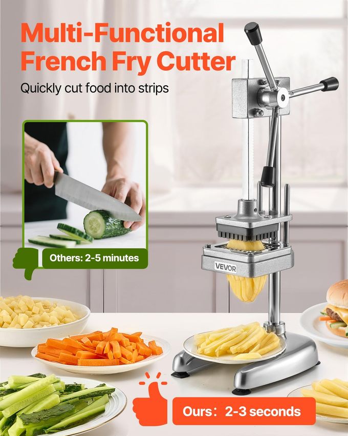 VEVOR Commercial French Fry Cutter, Stainless Steel Vegetable Fruit Chopper with 3 Replacement Blades 1/2-Inch 3/8-Inch 1/4-Inch, Manual Potato Slicer Dicer for Restaurants & Home Kitchen - Image 2