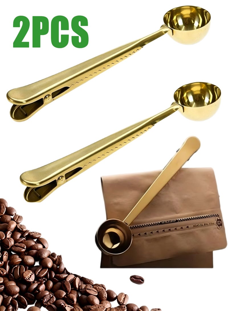 2Pcs Gold Stainless Steel Coffee Scoop with Bag Clip, Long Handled Tea Spoon Multifunctional Coffee Accessories Kitchen Utensils Set for Home and Cafe Use - Image 1