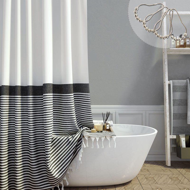 Dynamene Stall Fabric Shower Curtain - Modern Farmhouse Black and White Striped Cotton Cloth Shower Curtain with Boho Tassels  Small Hotel Luxury Bathroom Shower Curtain Set with 6 Hooks - W36 X H72 - Image 2
