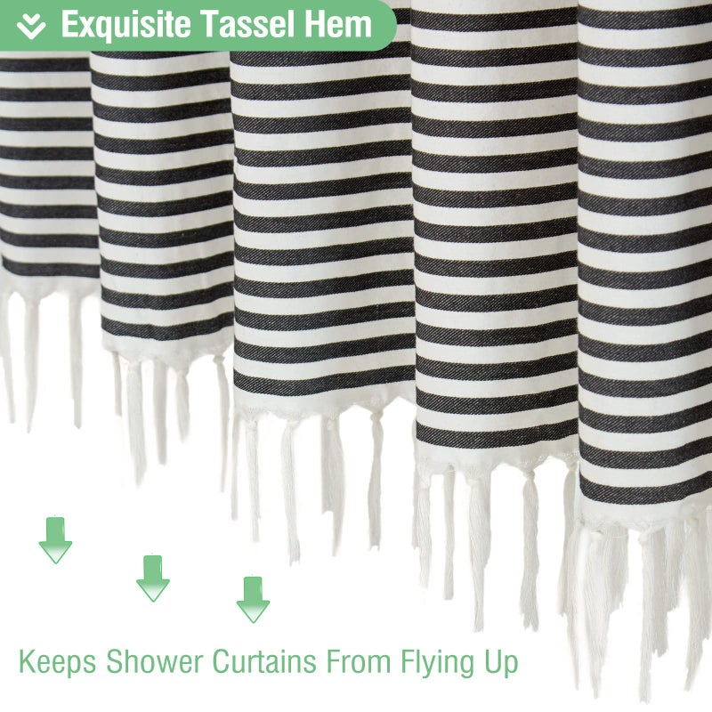 Dynamene Stall Fabric Shower Curtain - Modern Farmhouse Black and White Striped Cotton Cloth Shower Curtain with Boho Tassels  Small Hotel Luxury Bathroom Shower Curtain Set with 6 Hooks - W36 X H72 - Image 5