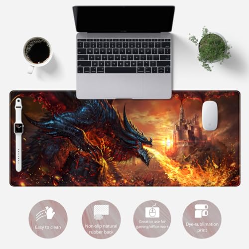 YKJWW Japanese Desk Mat Dragon Castle Desk Pad Game Aesthetic Mouse Pad Large Gaming Mousepad Extended Keyboard Pad 31.5 x 11.8 in Laptop Computer Mouse Keyboard Mouse Pads for Desk Decor Mat. - Image 2