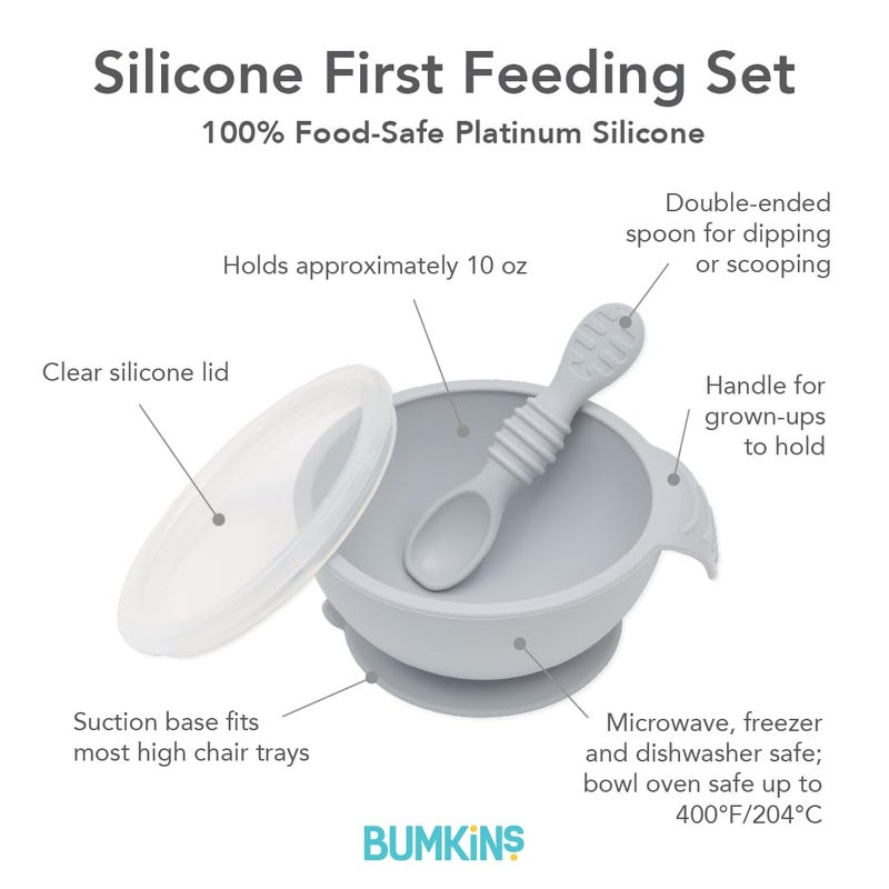 Bumkins Baby Bowl, Silicone Feeding Set with Suction for Baby and Toddler, Includes Spoon and Lid, First Feeding Set, Training Essentials for Baby Led Weaning for Babies 4 Months Up, Gray - Image 5