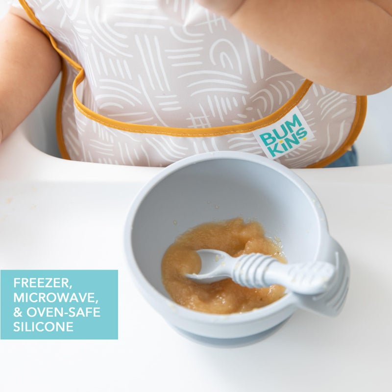 Bumkins Baby Bowl, Silicone Feeding Set with Suction for Baby and Toddler, Includes Spoon and Lid, First Feeding Set, Training Essentials for Baby Led Weaning for Babies 4 Months Up, Gray - Image 4