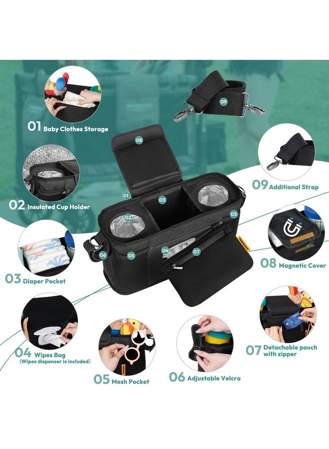 Boffinby وحدة تحكم الوالدين تناسب Wonderfold W2&X2، منظم عربة مع 2 حامل أكواب معزول، جيوب تخزين متعددة، حقيبة قابلة للفصل، حزام فيلكرو وحزام كتف قابل للإزالة، أساسي للعائلة - Image 3
