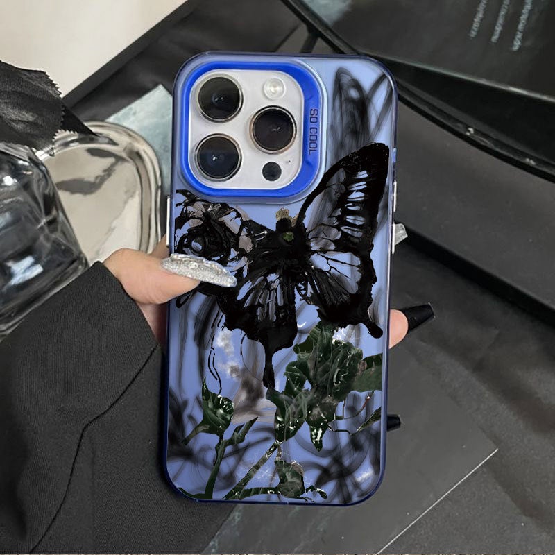 جراب هاتف أبل آيفون 16 برو ماكس TPU مقاوم للصدمات بتصميم عصري مبتكر على شكل فراشة ووردة (أزرق)