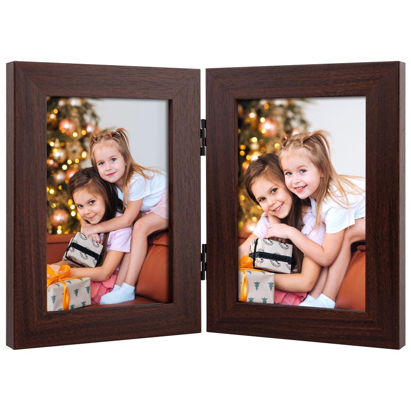 Frametory 4x6 Double Picture Frame Real Glass Hinged 2 Photos Collage Desktop Picture Frame Standing Vertical Walnut 1 Pack