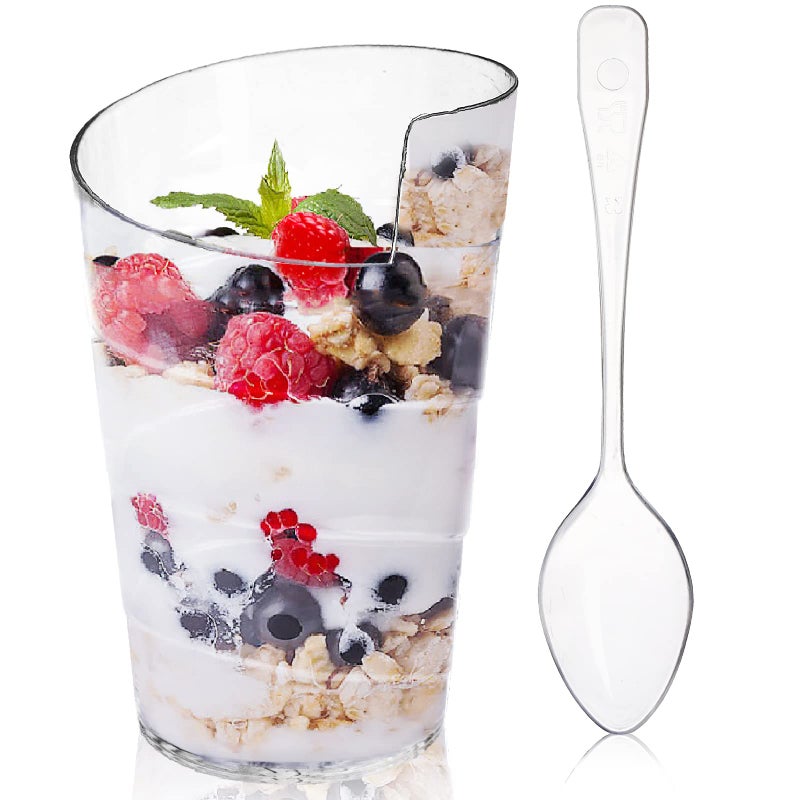 Fasmov 100 Pack 2 Oz Mini Dessert Cups with 100 Spoons Clear Plastic Parfait Appetizer Cup for Tasting Party Desserts Appetizers